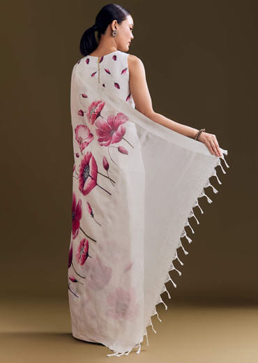 Off White Cotton Linen Saree With Artistic Floral Print