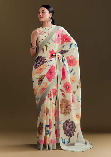 Pista Cotton Linen Saree With Multicolor Florals