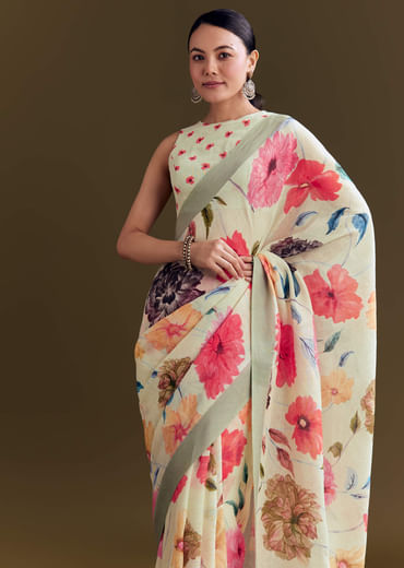 Pista Cotton Linen Saree With Multicolor Florals