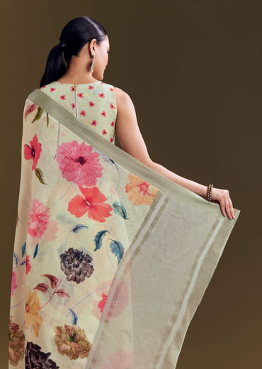 Pista Cotton Linen Saree With Multicolor Florals