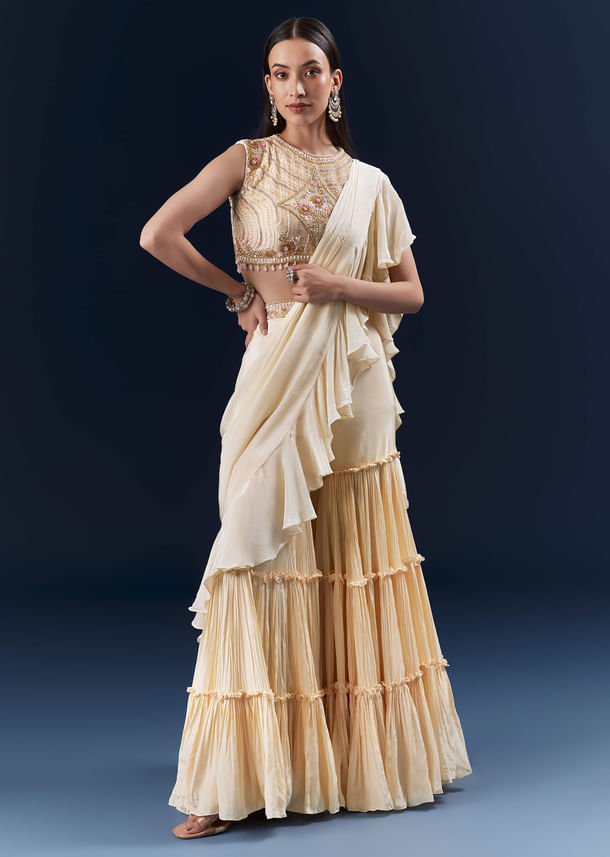 Off White Crepe Ready Pleated Saree With Heavy Hand Embroidery Off White Crepe Ready Pleated Saree With Heavy Hand Embroidery