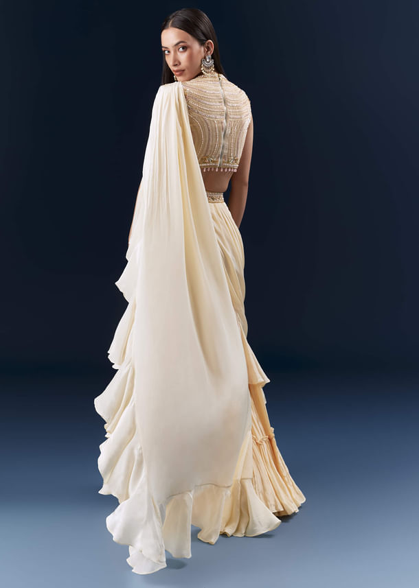 Off White Crepe Ready Pleated Saree With Heavy Hand Embroidery Off White Crepe Ready Pleated Saree With Heavy Hand Embroidery
