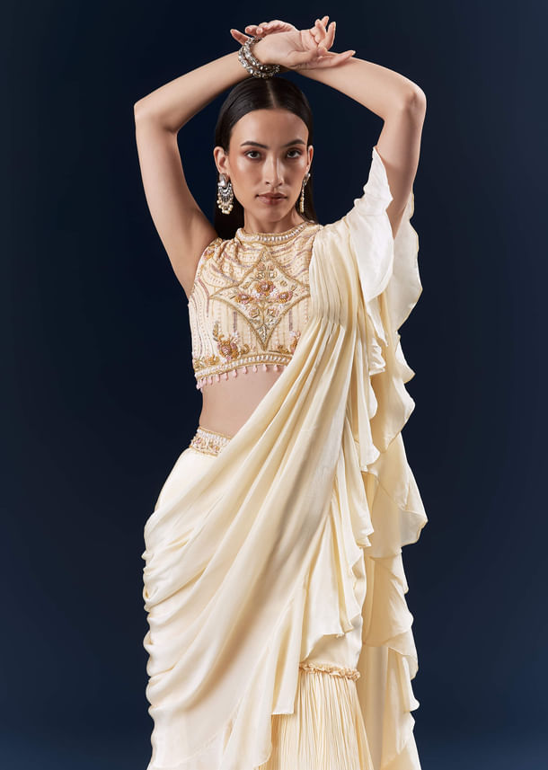 Off White Crepe Ready Pleated Saree With Heavy Hand Embroidery Off White Crepe Ready Pleated Saree With Heavy Hand Embroidery