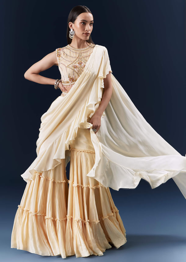 Off White Crepe Ready Pleated Saree With Heavy Hand Embroidery Off White Crepe Ready Pleated Saree With Heavy Hand Embroidery