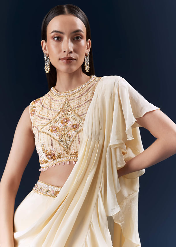 Off White Crepe Ready Pleated Saree With Heavy Hand Embroidery Off White Crepe Ready Pleated Saree With Heavy Hand Embroidery