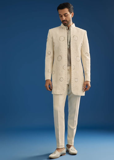 Off White Crush Tissue Sherwani Set With Beads And Cutdana Work