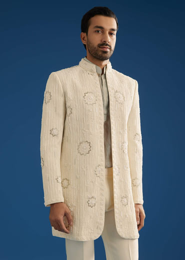 Off White Crush Tissue Sherwani Set With Beads And Cutdana Work