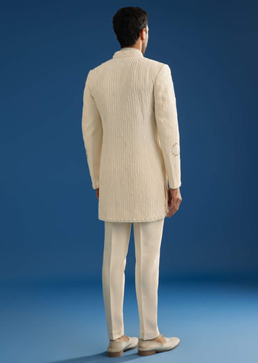 Off White Crush Tissue Sherwani Set With Beads And Cutdana Work