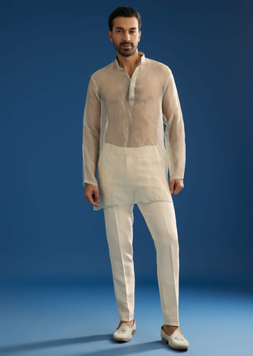 Off White Crush Tissue Sherwani Set With Beads And Cutdana Work
