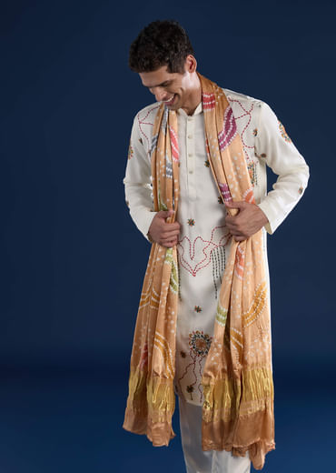Off White Embroidered Mens Kurta Set with Bandhani Print Dupatta