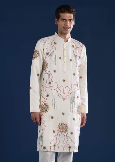 Off White Embroidered Mens Kurta Set with Bandhani Print Dupatta