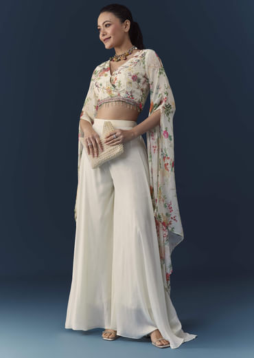 Off White Floral Print Crop Top Palazzo Set with Cutdana