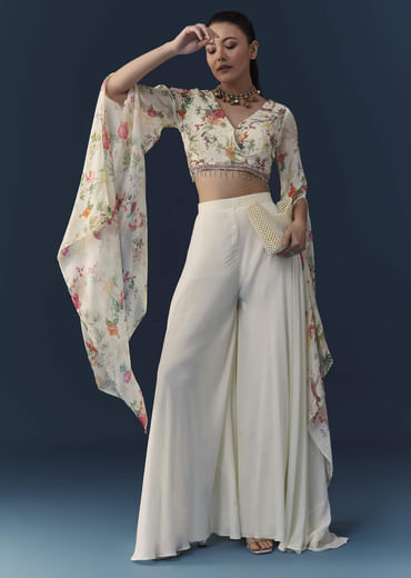 Off White Floral Print Crop Top Palazzo Set with Cutdana