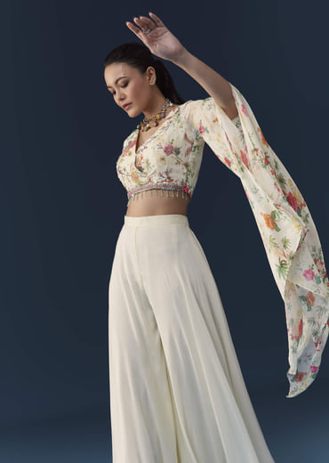 Off White Floral Print Crop Top Palazzo Set with Cutdana