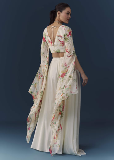 Off White Floral Print Crop Top Palazzo Set with Cutdana