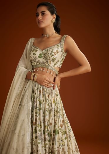 Off White Floral Printed Lehenga Choli With Butti Work Dupatta