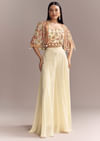 Off White Georgette Crop Top And Palazzo Set With Embroidered Cape