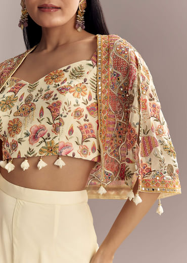 Off White Georgette Crop Top And Palazzo Set With Embroidered Cape