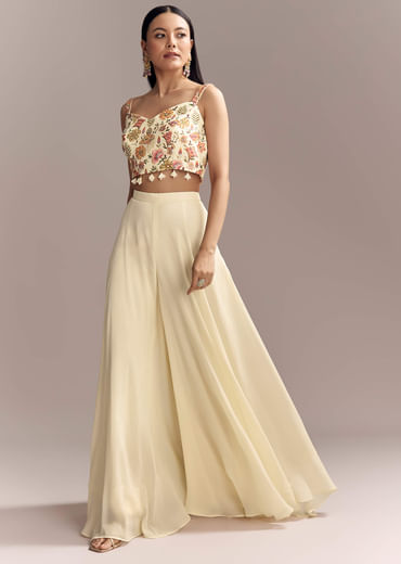 Off White Georgette Crop Top And Palazzo Set With Embroidered Cape