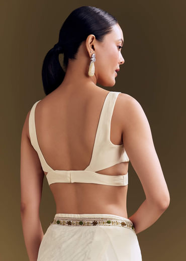 Off White Georgette Saree With Kashmiri Floral Embroidery