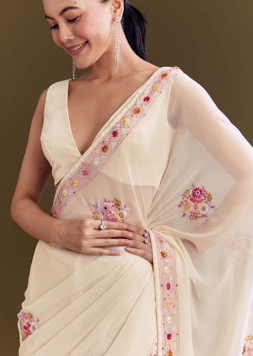 Off White Georgette Saree With Kashmiri Thread Buds