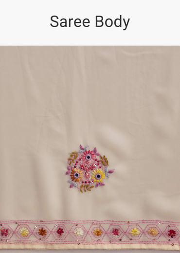 Off White Georgette Saree With Kashmiri Thread Buds