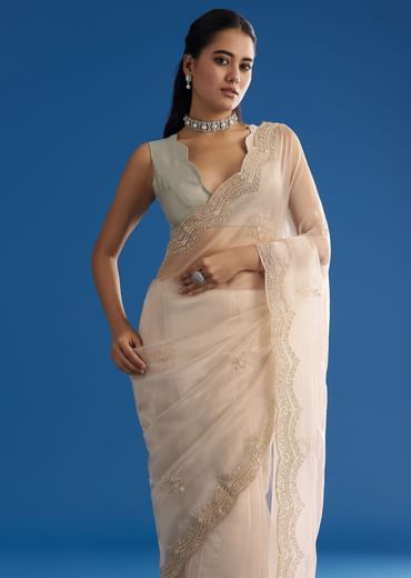Off White Glass Tissue Saree With Embroidered Scallop Border