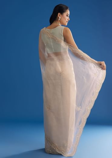Off White Glass Tissue Saree With Embroidered Scallop Border