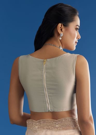 Off White Glass Tissue Saree With Embroidered Scallop Border