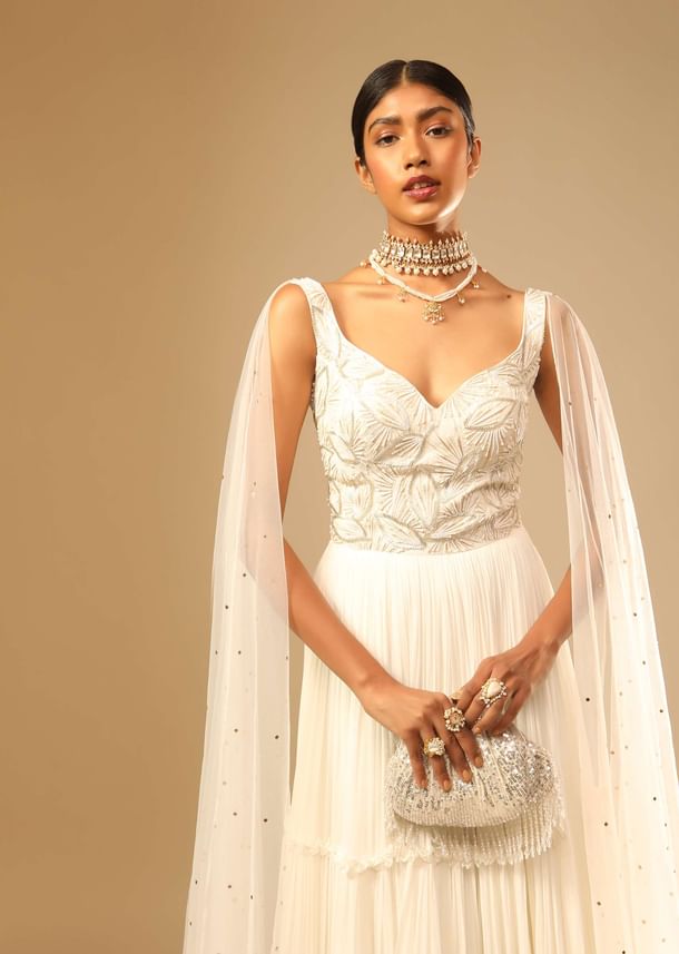 Off White Gown In Georgette With Tiered Flare And Hand Embroidered Leaf Motifs On The Bodice