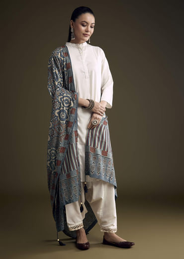 Off White Khadi Dhoti Suit With Blue Hand Dyed Ajrakh Dupatta