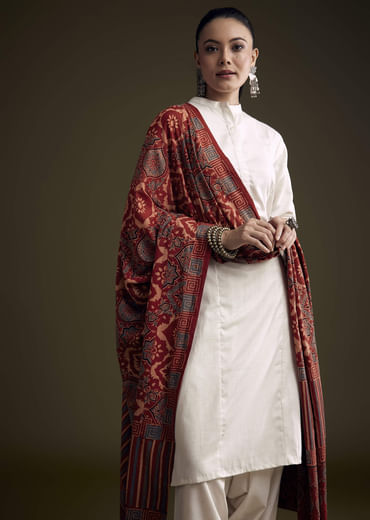Off White Khadi Dhoti Suit With Red Hand Dyed Ajrakh Dupatta