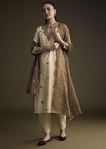 Off White Khadi Kurta Set With Resham Embroidery