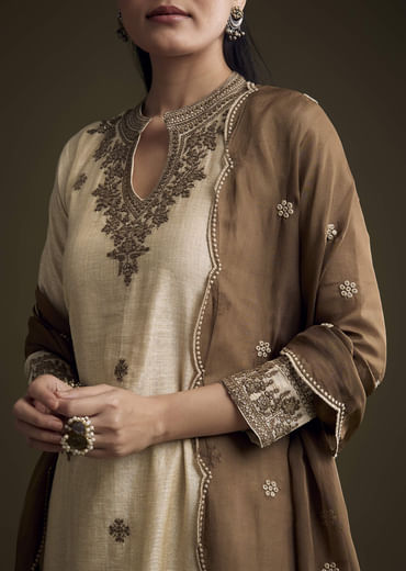 Off White Khadi Kurta Set With Resham Embroidery