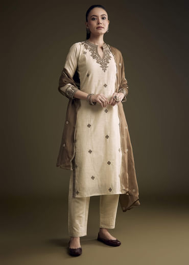Off White Khadi Kurta Set With Resham Embroidery