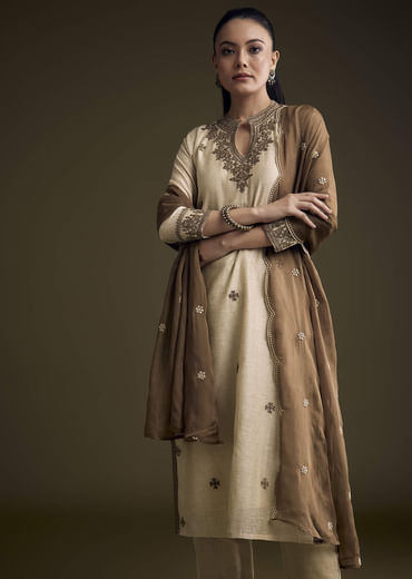 Off White Khadi Kurta Set With Resham Embroidery