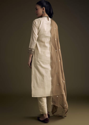 Off White Khadi Kurta Set With Resham Embroidery