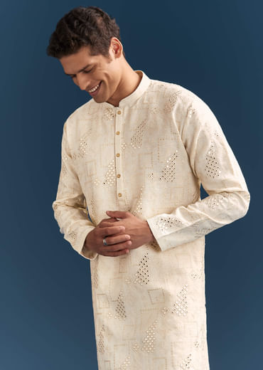 Off-White Linen Kurta Set For Men With Mirror Embroidery