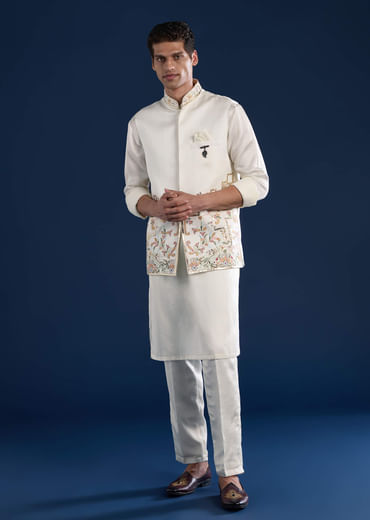 Off White Linen Satin Silk Jacket Kurta Set with Gotta Work