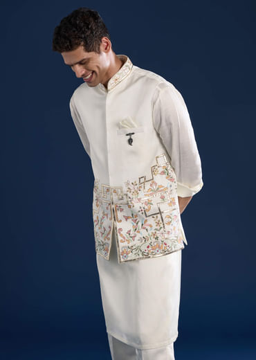 Off White Linen Satin Silk Jacket Kurta Set with Gotta Work