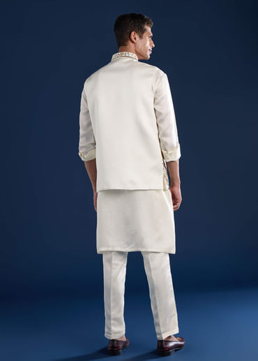 Off White Linen Satin Silk Jacket Kurta Set with Gotta Work