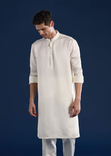 Off White Linen Satin Silk Jacket Kurta Set with Gotta Work