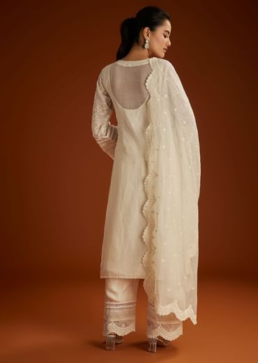 Off White Mul Chanderi Embroidered Kurta Dupatta Set