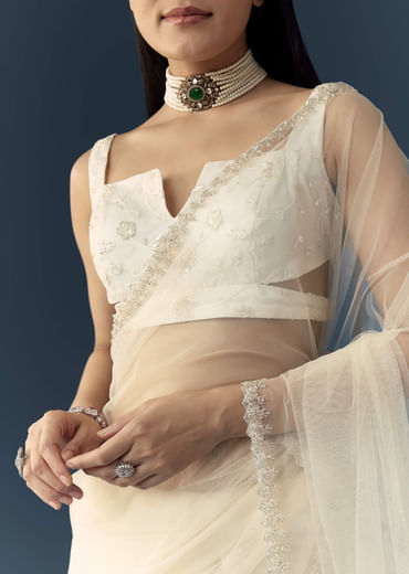 Off White Net Cutwork Border Saree with Unstitched Blouse