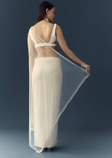 Off White Net Cutwork Border Saree with Unstitched Blouse