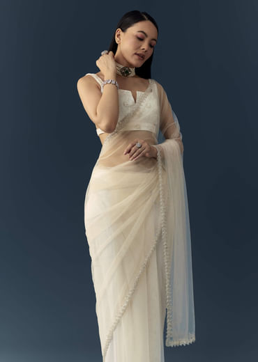 Off White Net Cutwork Border Saree with Unstitched Blouse