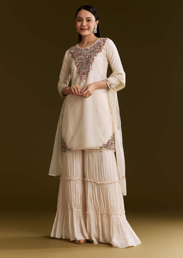 Off White Organza Embroidered Kurta Set With Dupatta