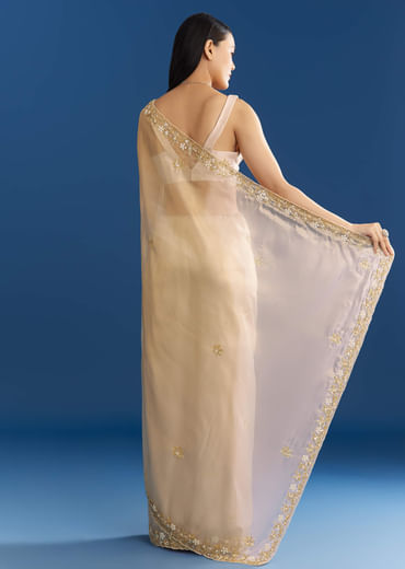 Off White Organza Tissue Saree With Beaded Scallop Border