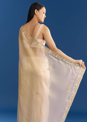 Off White Organza Tissue Saree With Beaded Scallop Border