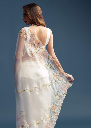 Off White Paper Tissue Saree With Floral Embroidery